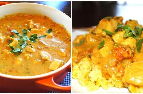 Kermainen currykana keltaisella riisillä